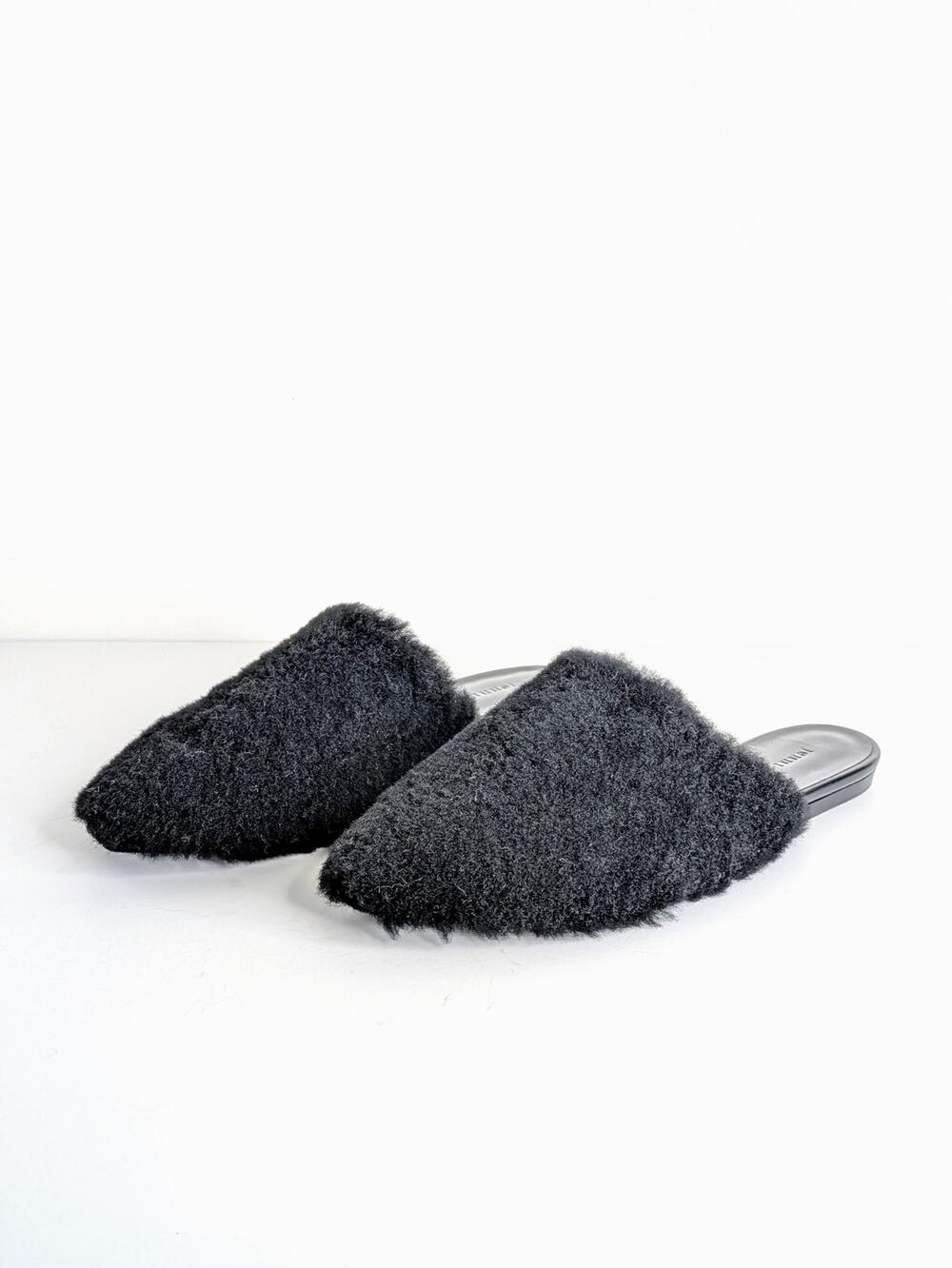 Jenni Kayne Shearling Mule 38 Black Pointy Toe Flat Slip On NWOT Dust Bag
